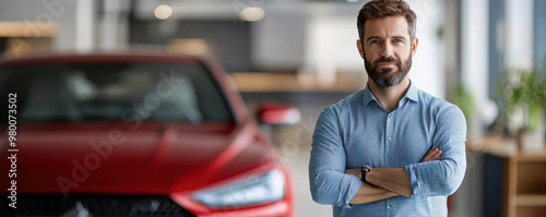 A confident car salesman standing with arms crossed in front of a red car, ready to assist customers in purchasing.