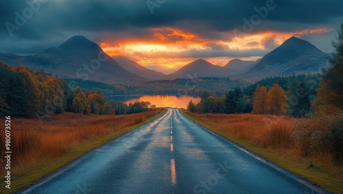 Scenic Road Through Mountains at Sunset