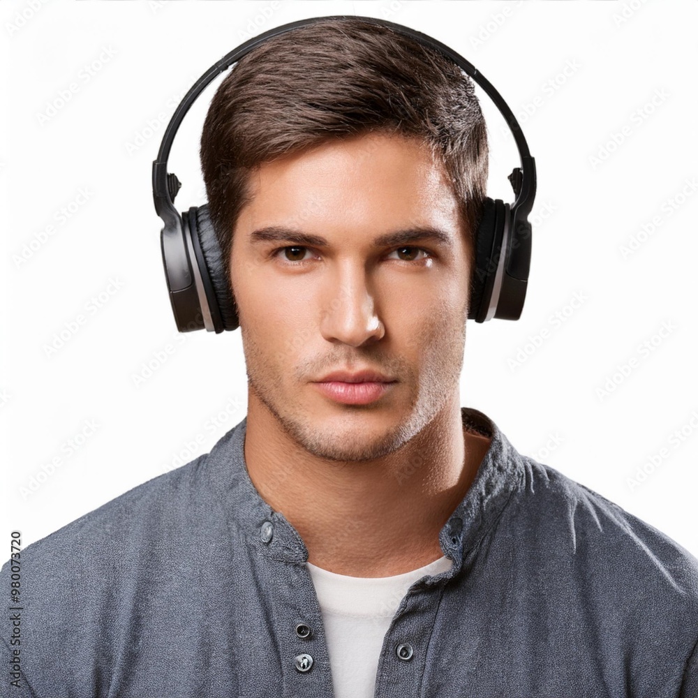 Focused Young Man Wearing Headphones Isolated on White Background, Clipping Path, Full Depth of Field Focused Young Man Wearing Headphones Isolated on White Background, Clipping Path, Full Depth of Field