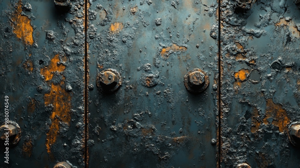 Corroded metal panel with deep gashes, chipped surfaces, and dull patches, surrounded by heavy industrial grime Corroded metal panel with deep gashes, chipped surfaces, and dull patches, surrounded by heavy industrial grime