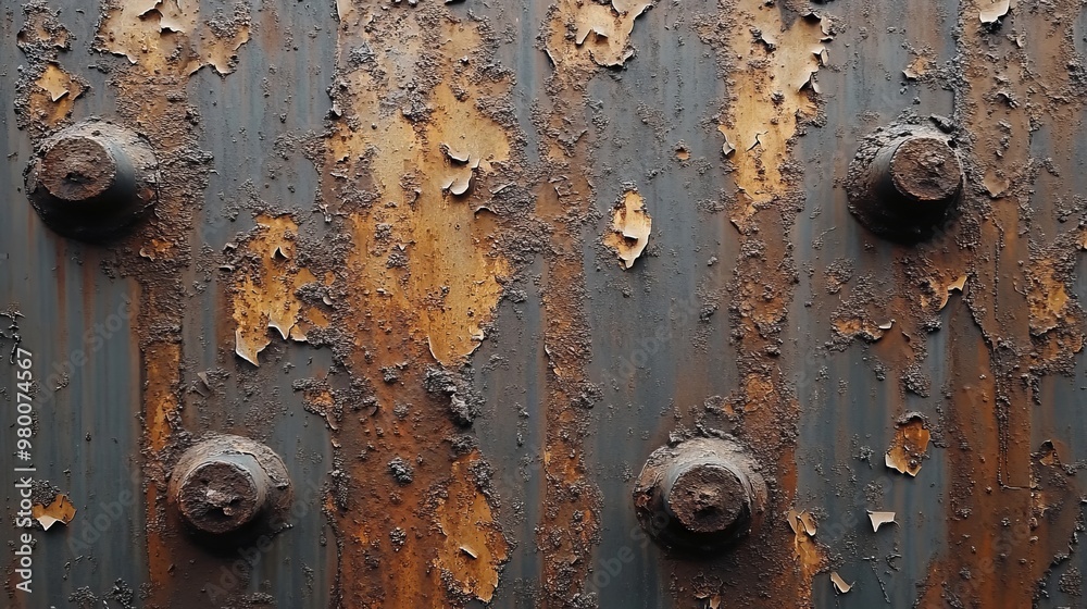 Corroded metal panel with deep gashes, chipped surfaces, and dull patches, surrounded by heavy industrial grime Corroded metal panel with deep gashes, chipped surfaces, and dull patches, surrounded by heavy industrial grime