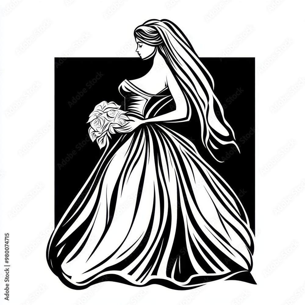Black and white illustration of a bride in a wedding dress with a bouquet of flowers.