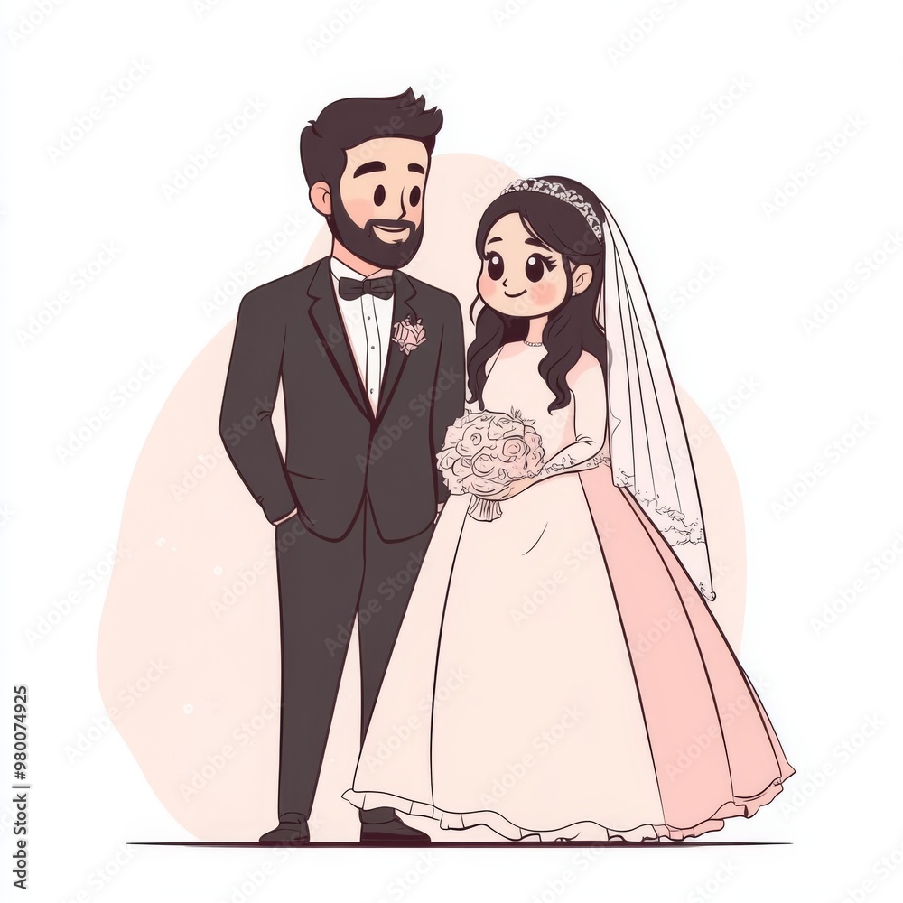 Cartoon illustration of a bride and groom in wedding attire. Cartoon illustration of a bride and groom in wedding attire.