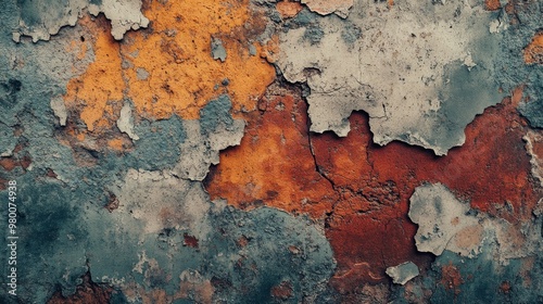 Cracked concrete wall with peeling plaster, uneven surface, patches of exposed red brick, top view, capturing an aged and decayed atmosphere, futuristic tone, Analogous Color Scheme