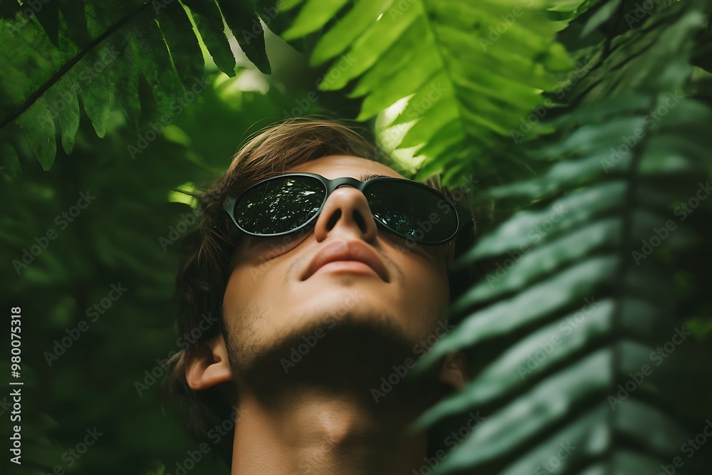 Man wearing sunglasses looking up through green foliage.  Nature, summer, travel, and adventure concept.