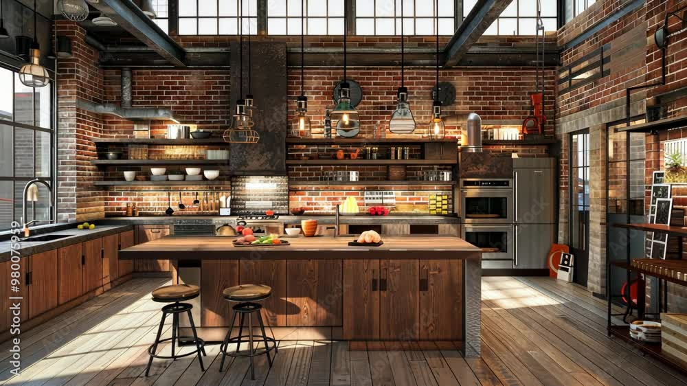 Exploring a stylish industrial kitchen with wooden accents and ample natural light in an urban loft setting Exploring a stylish industrial kitchen with wooden accents and ample natural light in an urban loft setting