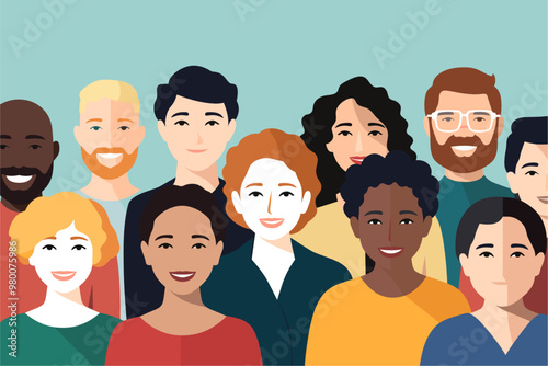 Cartoon illustration of group of young people of different ethnicity