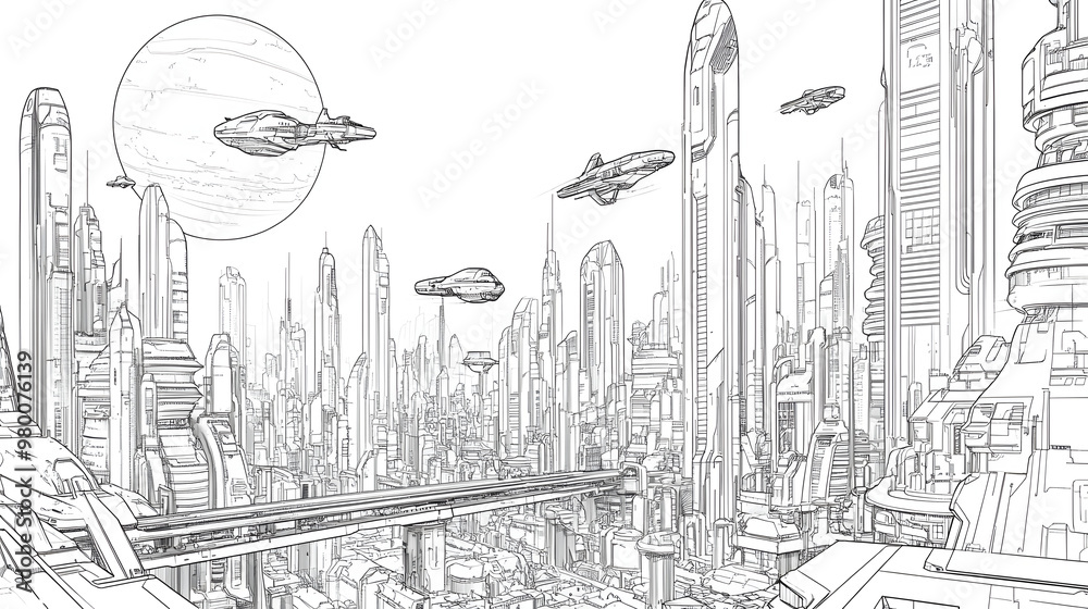 Futuristic City Skyline with Skyscrapers and Flying Cars Futuristic City Skyline with Skyscrapers and Flying Cars