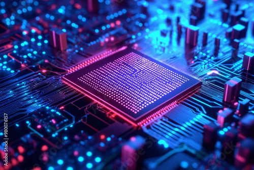 Closeup Microchip  with beautiful light, processeur en gros plan electronic background  photo