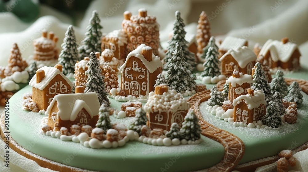 winter themed cake with gingerbread houses and trees, set against a light green background, delicate and beautiful winter themed cake with gingerbread houses and trees, set against a light green background, delicate and beautiful