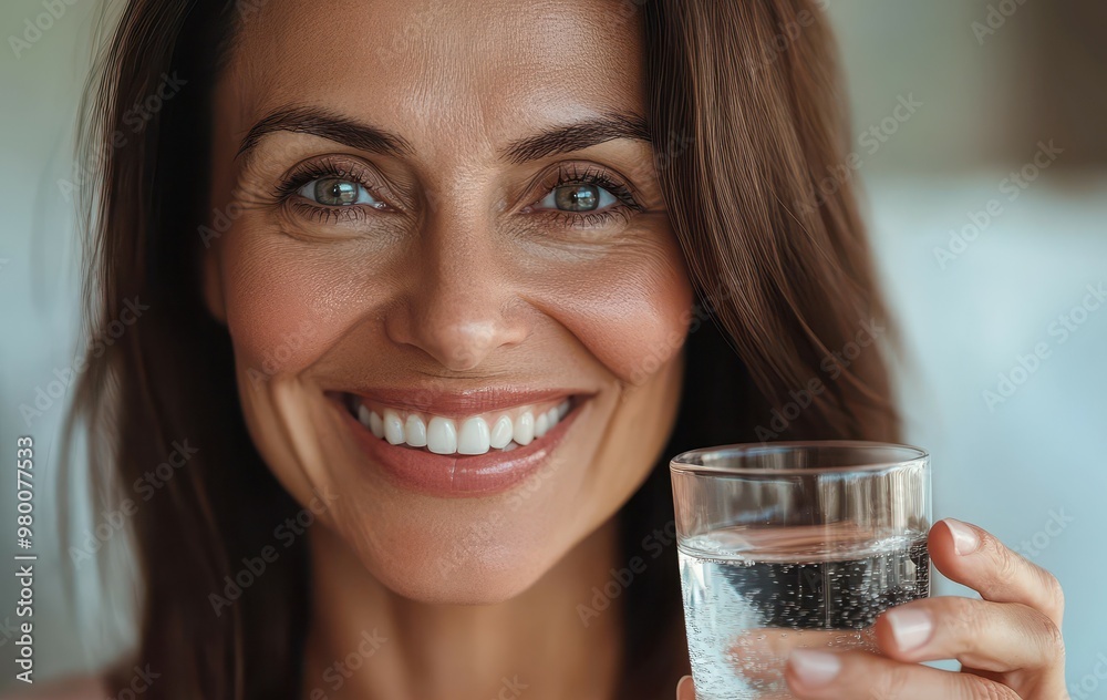 Portrait of a cheerful middle aged woman with a glass of water and vitamins focusing on her daily health and wellness for skin hair and body Portrait of a cheerful middle aged woman with a glass of water and vitamins focusing on her daily health and wellness for skin hair and body