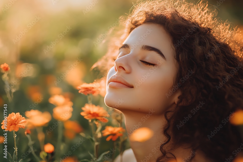 Naklejka premium Woman enjoying fresh air in field of blooming flowers, concept of nature, happiness, peace, and tranquility
