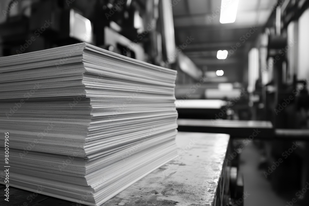 Printed pages emerged from the press and were piled Printed pages emerged from the press and were piled