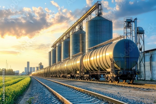Railway tank cars beside a grain silo Transport and agriculture industries