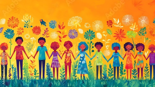 Colorful shirt design featuring a vibrant community of diverse volunteers holding hands, with symbols of teamwork and unity in the background, text overlay Community Heroes