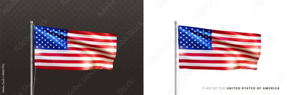 Realistic national American flag on a metal flagpole isolated on black and white background. Waving in the wind flag of the United States of America. Patriotic symbol USA. 3d vector illustration Realistic national American flag on a metal flagpole isolated on black and white background. Waving in the wind flag of the United States of America. Patriotic symbol USA. 3d vector illustration