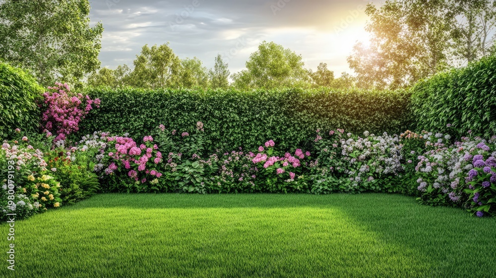 Elegant plant fence composed of vibrant shrubs and flowering vines, set against a well-maintained garden with a realistic backdrop Elegant plant fence composed of vibrant shrubs and flowering vines, set against a well-maintained garden with a realistic backdrop