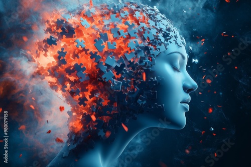 Abstract female figure dissolving into vibrant red and blue particles representing the fragmentation of identity and consciousness in the age of digital transformation