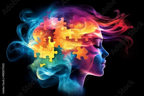 Vibrant female head with glowing multicolored puzzle pieces symbolizing cognitive complexity fragmented thoughts and emotional intricacies in an abstract neon lit artistic setting