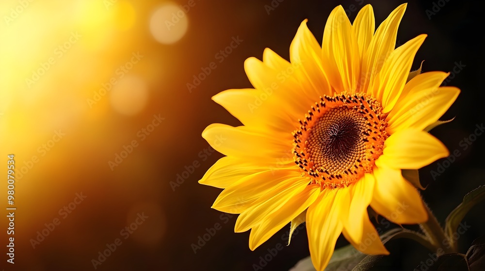 Fototapeta premium Close-up of a sunflower, bathed in soft, diffused light, set against a deep, shadowy backgroundThe bright yellow petals contrast with the darkness, creating an impactful visual