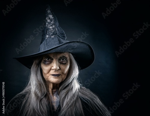 An old witch wearing a pointed hat against a black background.