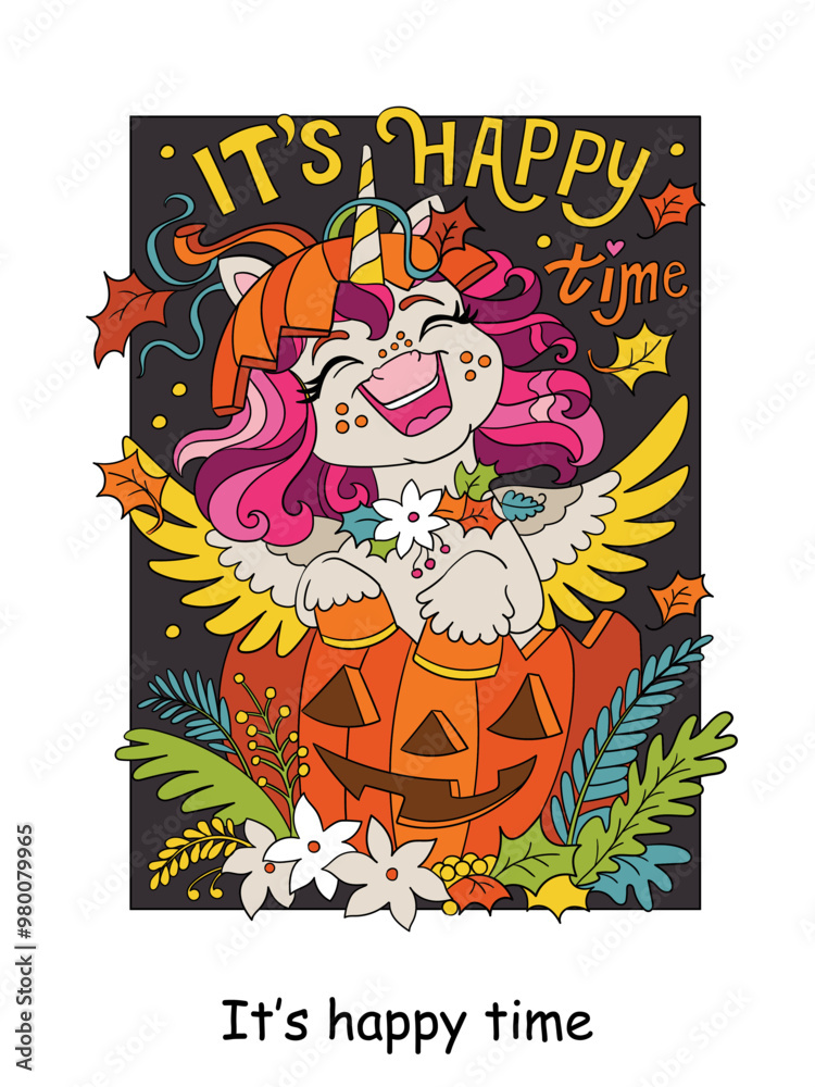 Halloween postcard happy unicorn and lettering vector illustration Halloween postcard happy unicorn and lettering vector illustration