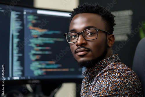 Focused Black Male Programmer Working at Computer with Code on Screen