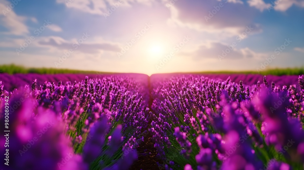Obraz premium Endless rows of lavender in bloom under a crisp blue sky, the vibrant colors contrasting to create a soothing and tranquil ambiance