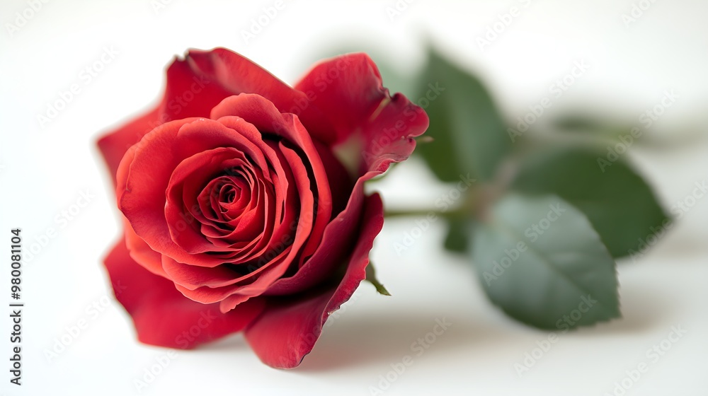 Elegant red rose in focus, set against a seamless white background, soft shadows adding subtle depth, perfect for sophisticated visuals Elegant red rose in focus, set against a seamless white background, soft shadows adding subtle depth, perfect for sophisticated visuals