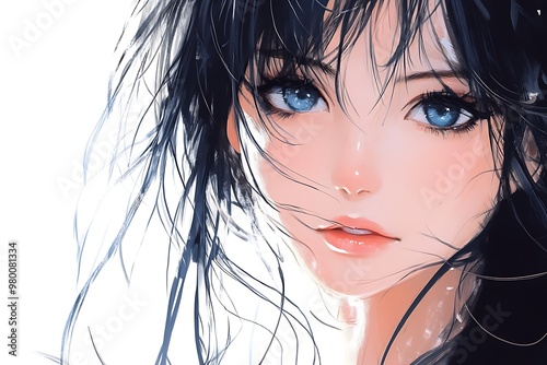 Anime Girl with Blue Eyes and Black Hair Portrait Illustration