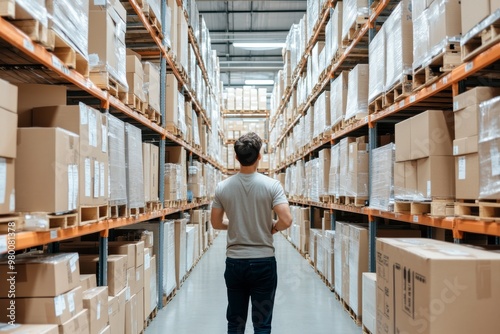 Warehouse worker assessing organized inventory, showcasing logistics efficiency