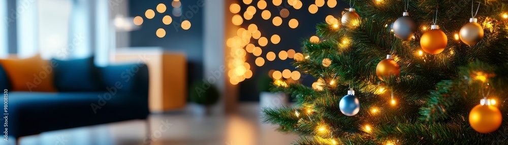 Festive Christmas tree sparkling with ornaments in a warm, cozy setting. Festive Christmas tree sparkling with ornaments in a warm, cozy setting.