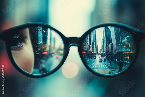 Close up of eyeglasses with a city reflection. Abstract vision concept.