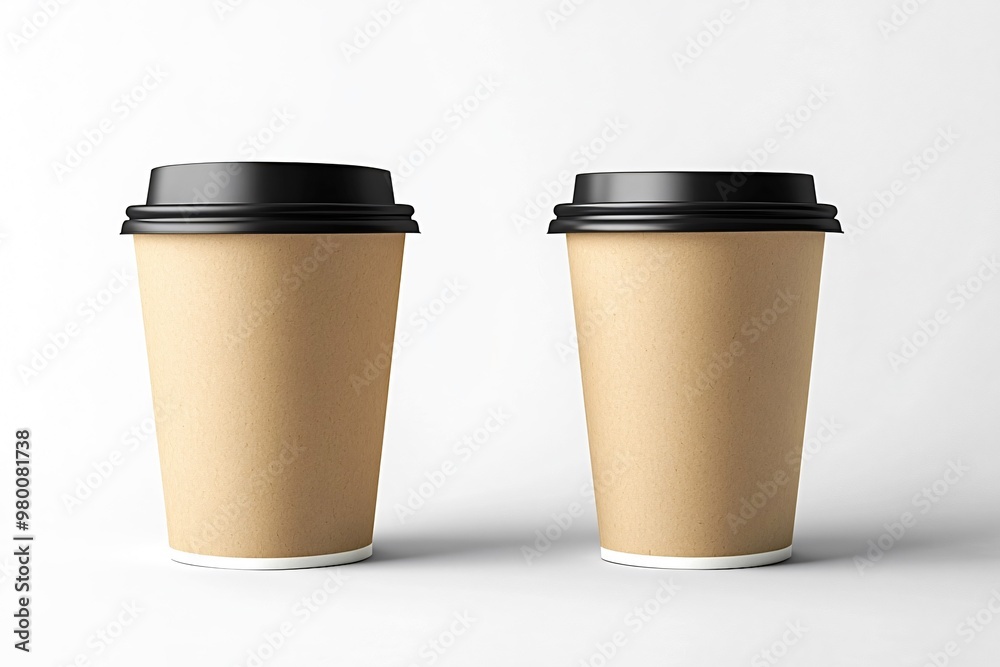 Two kraft paper coffee cups with black lids on a white background, perfect for branding. Customize for cafes or beverages. Simple, modern design with empty space Two kraft paper coffee cups with black lids on a white background, perfect for branding. Customize for cafes or beverages. Simple, modern design with empty space