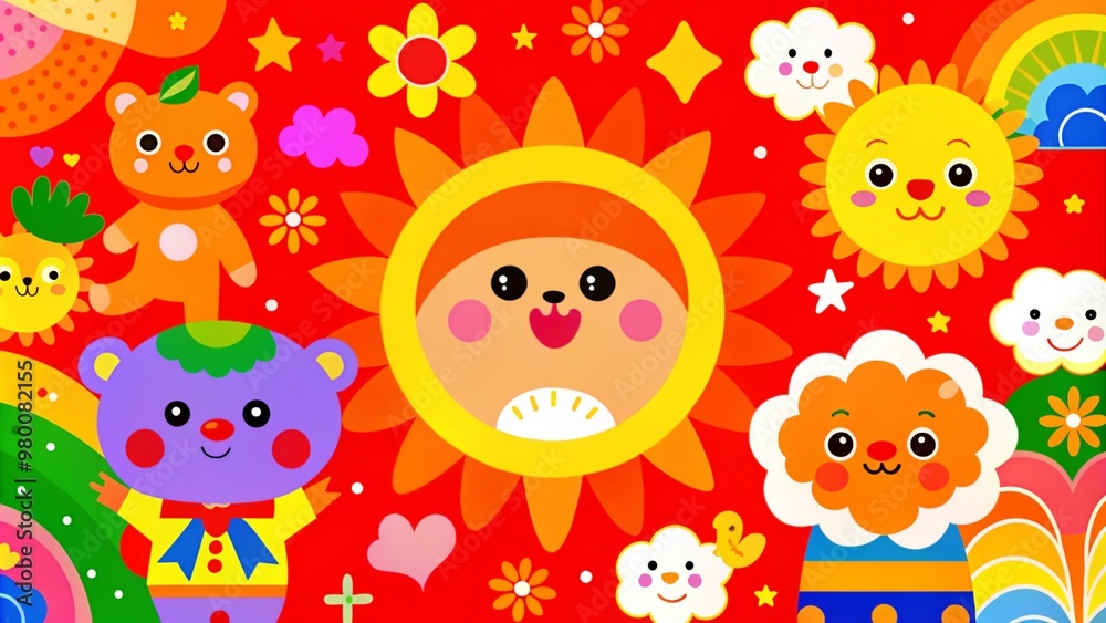 Naklejka premium Bright red background with smiling sun and bears in a cartoon style.