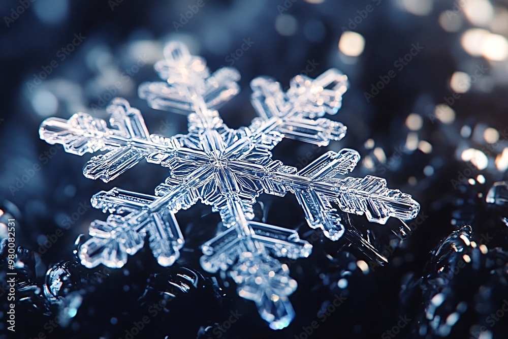 Snowflake sparkles on a dark surface, showing its delicate beauty and intricate design Snowflake sparkles on a dark surface, showing its delicate beauty and intricate design