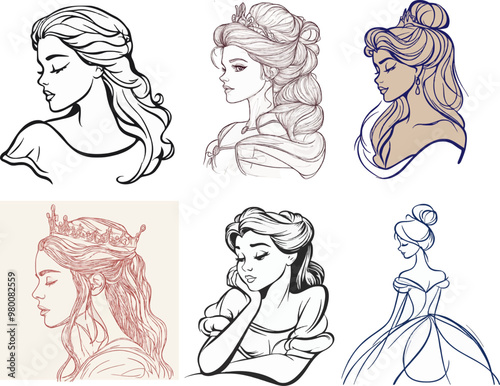 princess, girl, woman, lady, beautiful, Cinderella, Snow White, Sleeping Beauty, Aurora, Belle, Beauty and the Beast, fairy tale, vector, illustration, cartoon, people, art, face, sketch, fashion, 