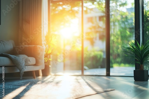 Blur living room at home with morning sunlight at big window for background usage. blur interior background concept. white, britht tone , ai photo