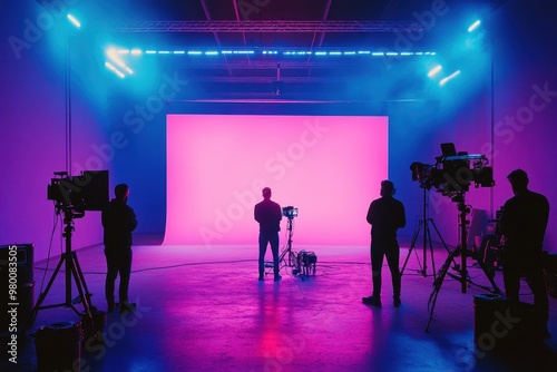 Studio for filming with a neon backdrop Preparing to shoot a music video Director cameraman and crew backstage