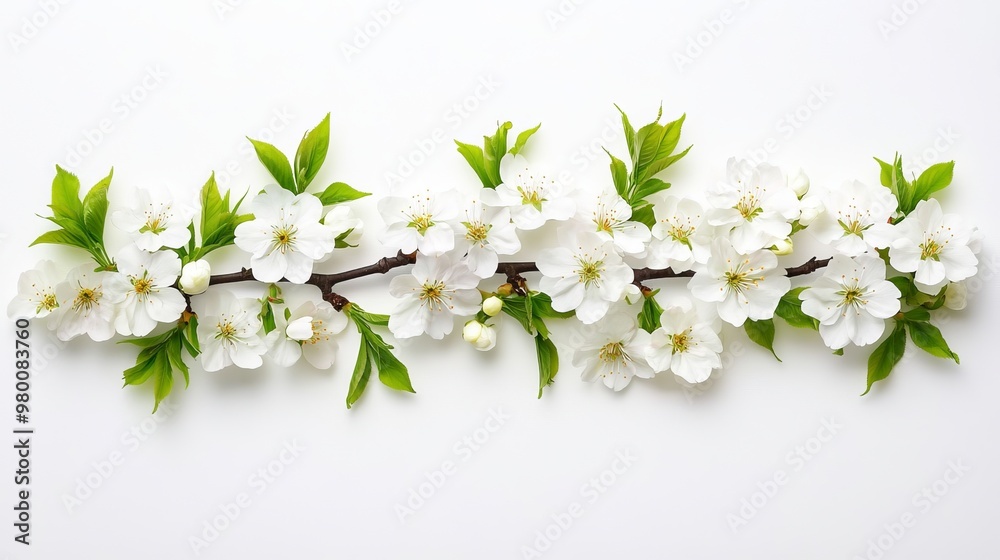 Springtime cherry blossoms in full bloom on a branch, clear blue sky, on solid white background, single object Springtime cherry blossoms in full bloom on a branch, clear blue sky, on solid white background, single object