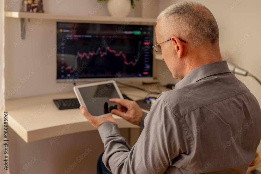 Fototapeta premium Stock market Investor analyst broker analyzing financial trade crypto stockmarket exchange platform digital chart data on computer screen thinking of investing analytic risk. 
