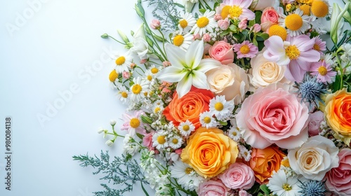 Top view of a vibrant mixed bouquet with roses, lilies, and daisies on a white textured background, colors pop beautifully, on solid white background