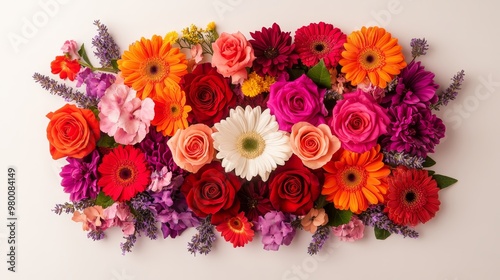 Top view of colorful flowers like roses, daisies, and lavender artfully arranged on a light-colored surface, isolated on white background, single object