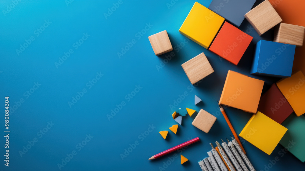 Wooden blocks and geometric shapes spread on a blue surface, ideal for educational and creative concept visuals. Wooden blocks and geometric shapes spread on a blue surface, ideal for educational and creative concept visuals.