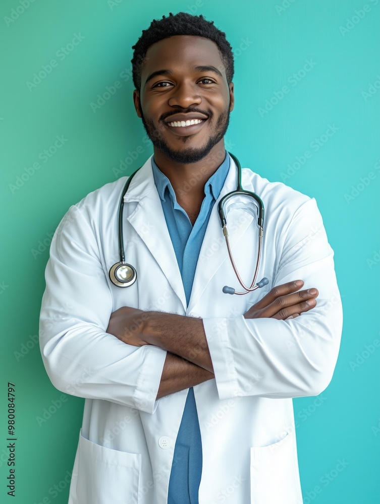 elegant black male doctor, successfully smiling, armos crossed, hospital in background elegant black male doctor, successfully smiling, armos crossed, hospital in background