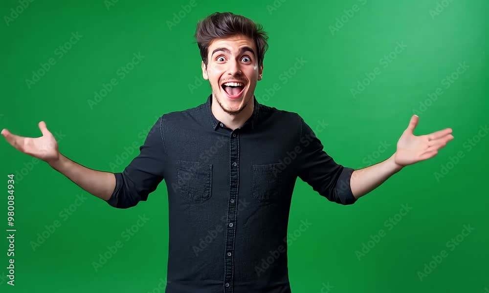 Excited man with open arms smiling widely green screen background with ai generated.
Excited man with open arms smiling widely green screen background with ai generated.