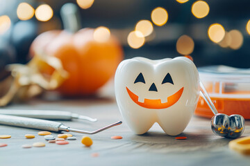 Dental concept. tooth figurine in halloween costume and dental tools.