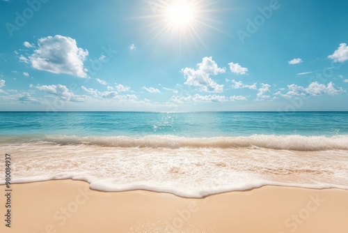 Summer vacation backdrop featuring sunny beach and sea views with sparkling water and blue sky