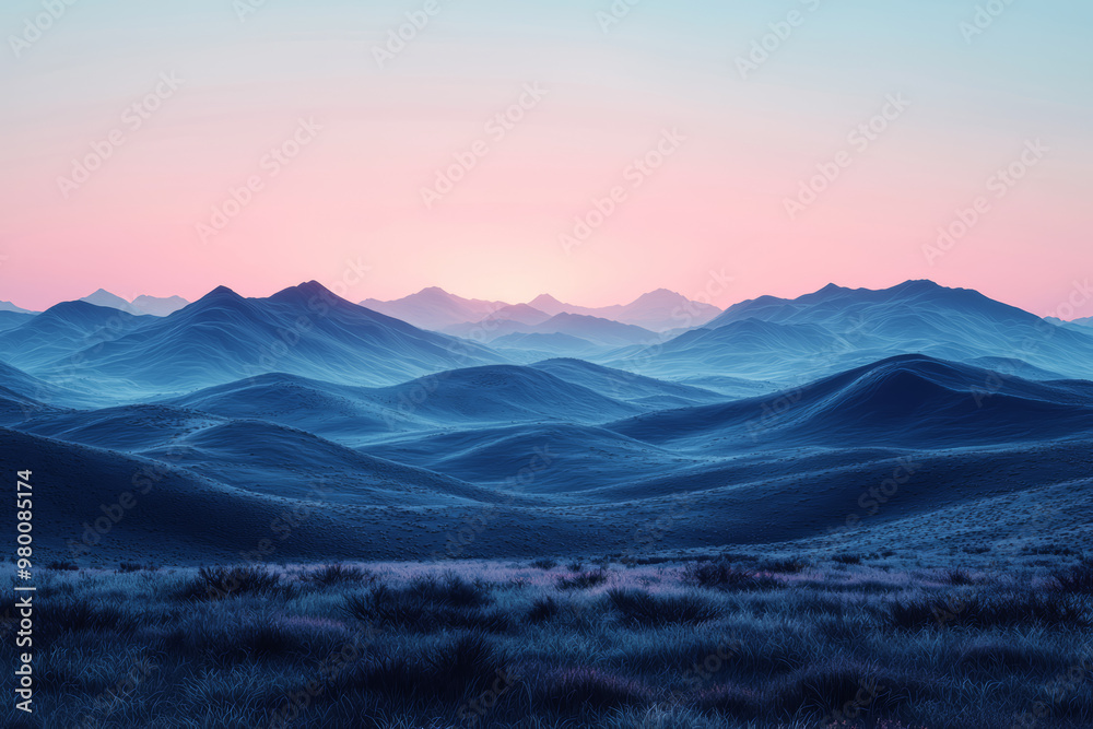 Obraz premium A serene landscape with a gradient sky transitioning from deep blue to soft pink at dusk. Concept of peaceful color transitions.