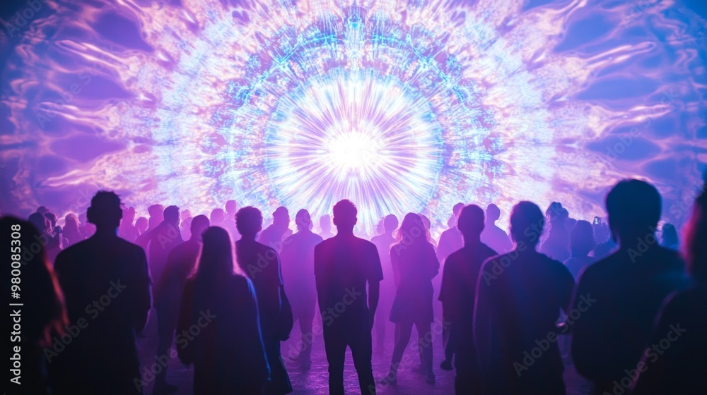 Obraz premium Vibrant Crowd Celebrating at a Kaleidoscopic Light Sculpture During an Evening Music Festival, Energetic Atmosphere, Colorful Lights, Joyful Dancing, Enchanting Experience